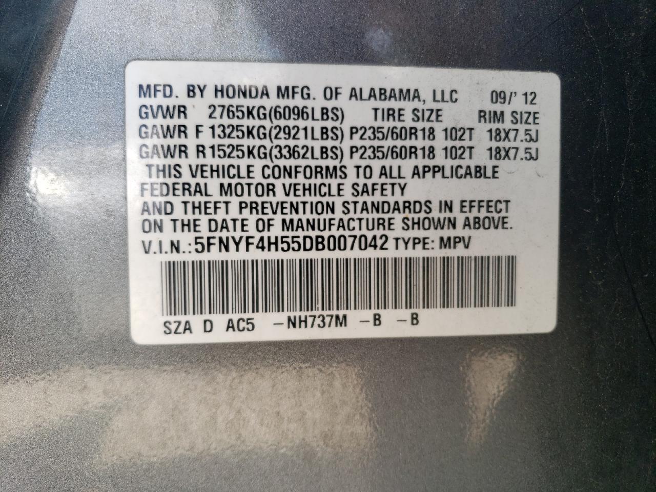 2013 Honda Pilot Exl VIN: 5FNYF4H55DB007042 Lot: 65798434