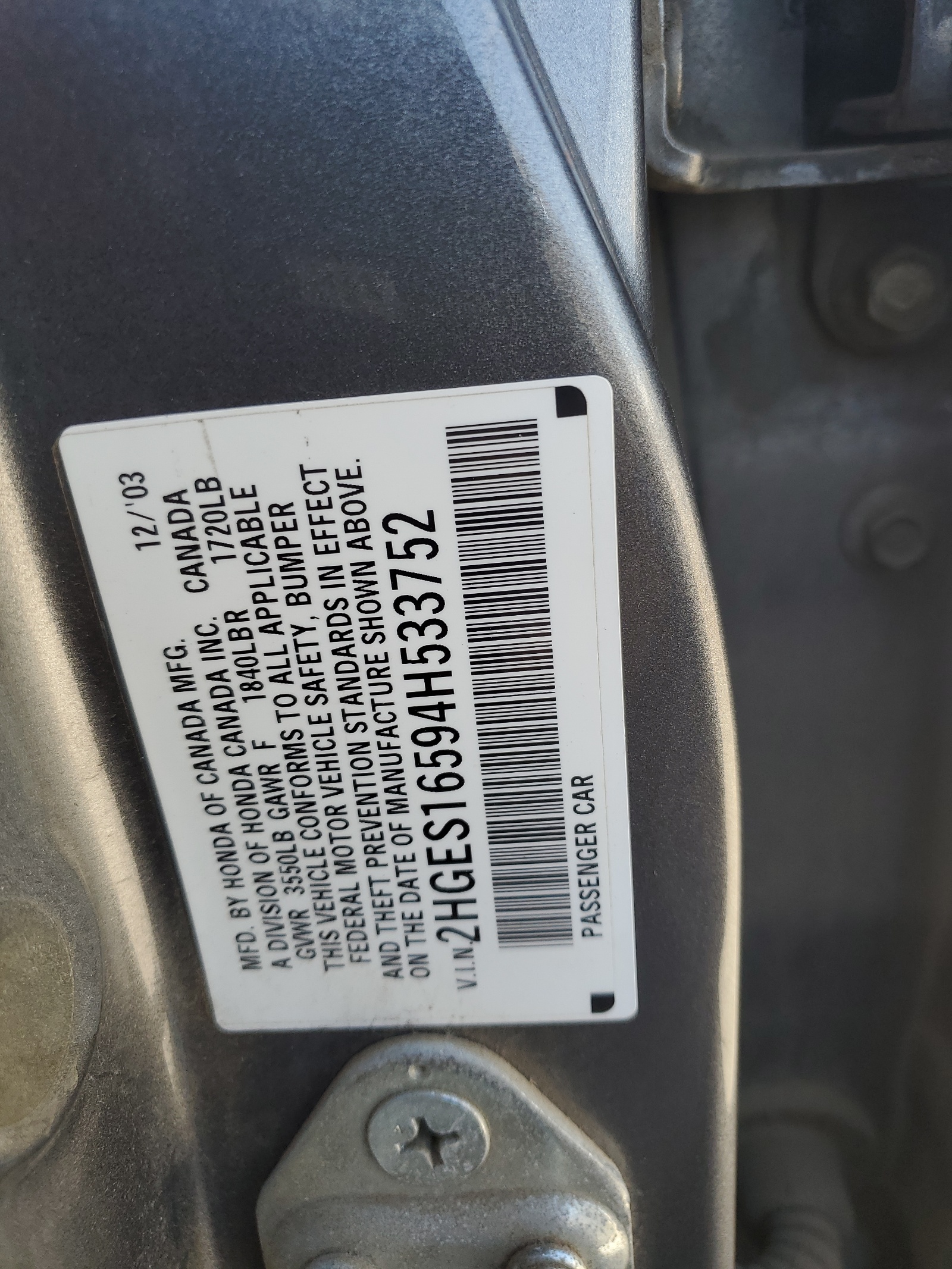 2HGES16594H533752 2004 Honda Civic Lx