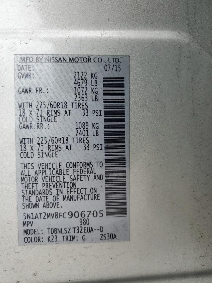 2015 Nissan Rogue S VIN: 5N1AT2MV8FC906705 Lot: 65886734