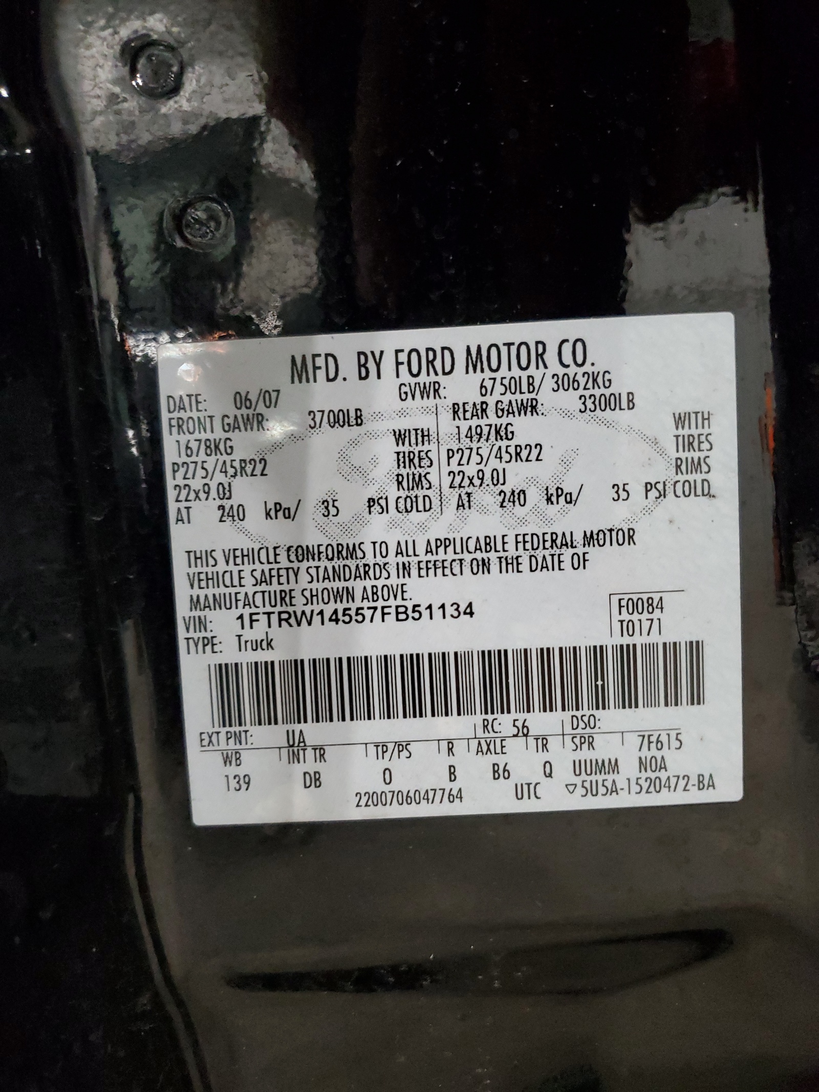 1FTRW14557FB51134 2007 Ford F150 Supercrew