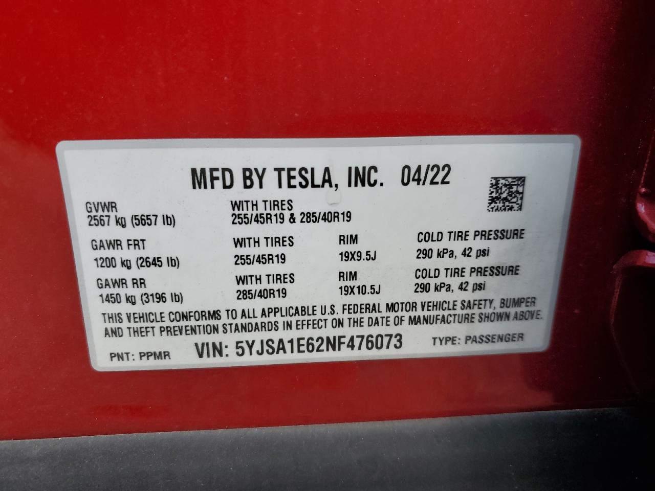 2022 Tesla Model S VIN: 5YJSA1E62NF476073 Lot: 68421694