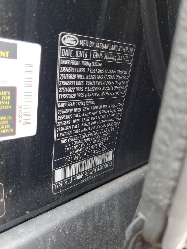 2016 Land Rover Range Rover Sport Hse VIN: SALWR2PF2GA585490 Lot: 67257304