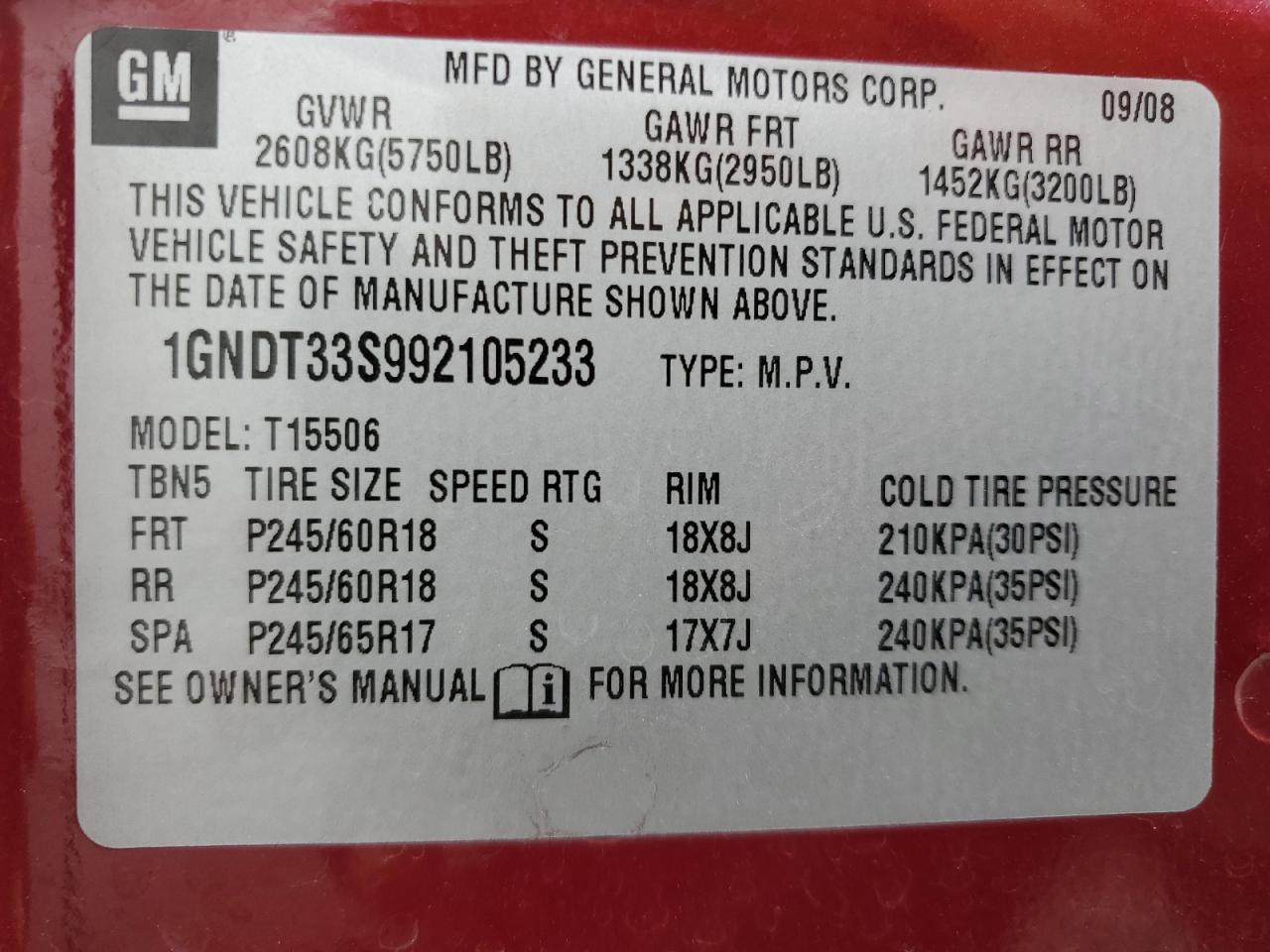 2009 Chevrolet Trailblazer Lt VIN: 1GNDT33S992105233 Lot: 65971604