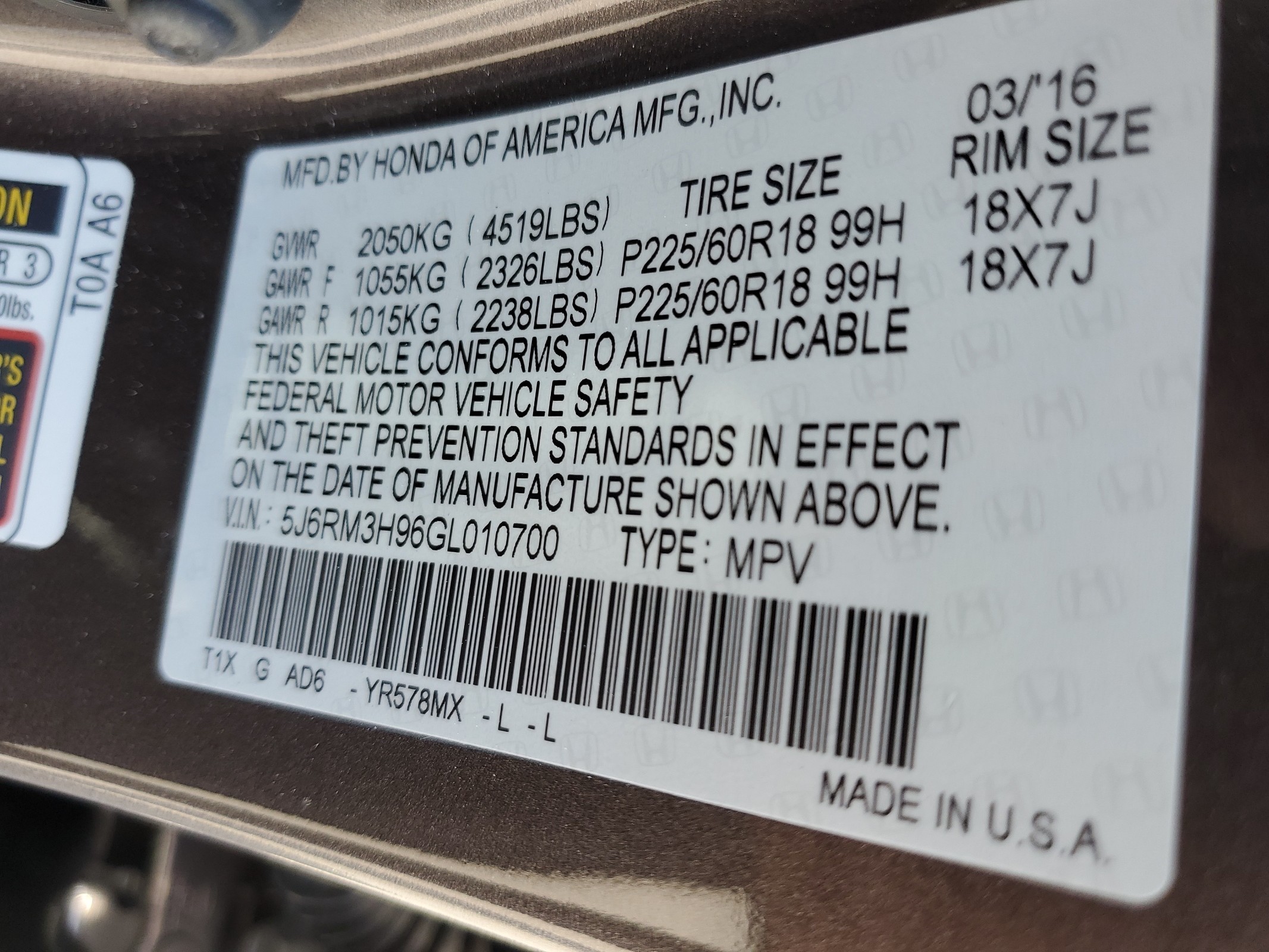 5J6RM3H96GL010700 2016 Honda Cr-V Touring