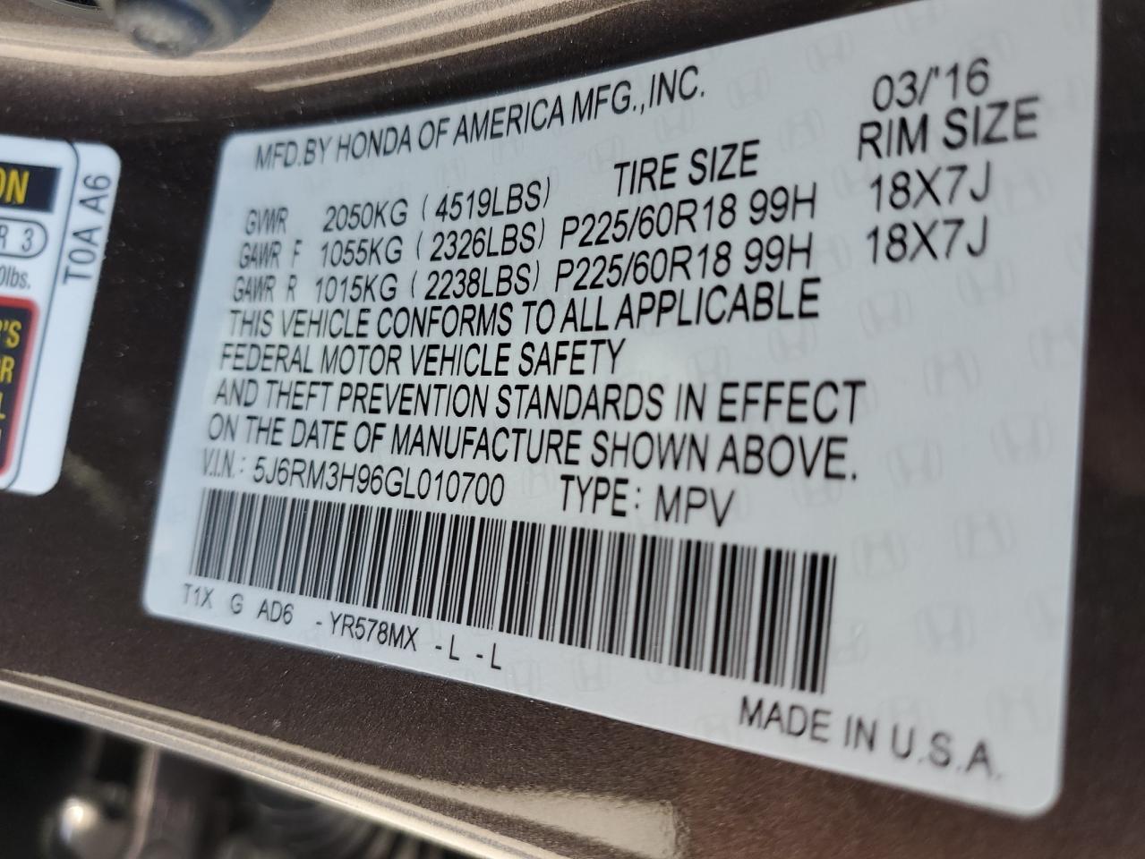 2016 Honda Cr-V Touring VIN: 5J6RM3H96GL010700 Lot: 65937854