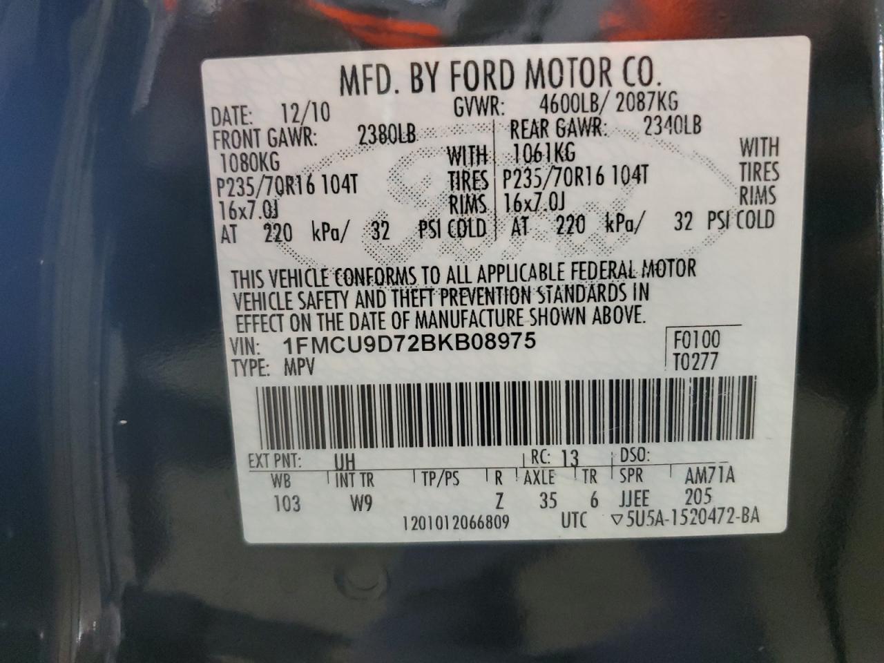 2011 Ford Escape Xlt VIN: 1FMCU9D72BKB08975 Lot: 69180564