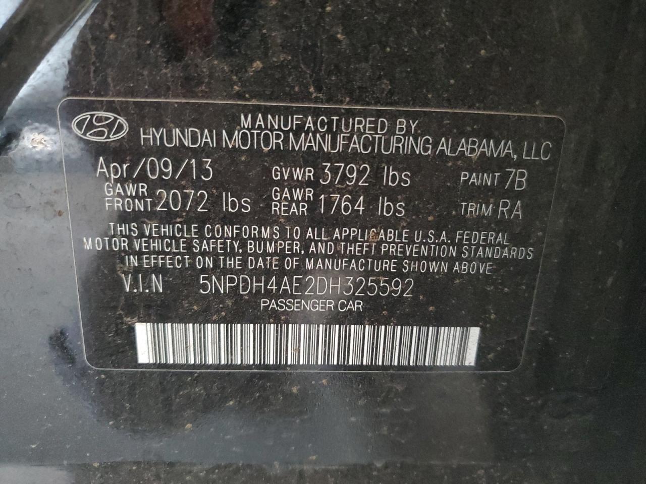 2013 Hyundai Elantra Gls VIN: 5NPDH4AE2DH325592 Lot: 65804294