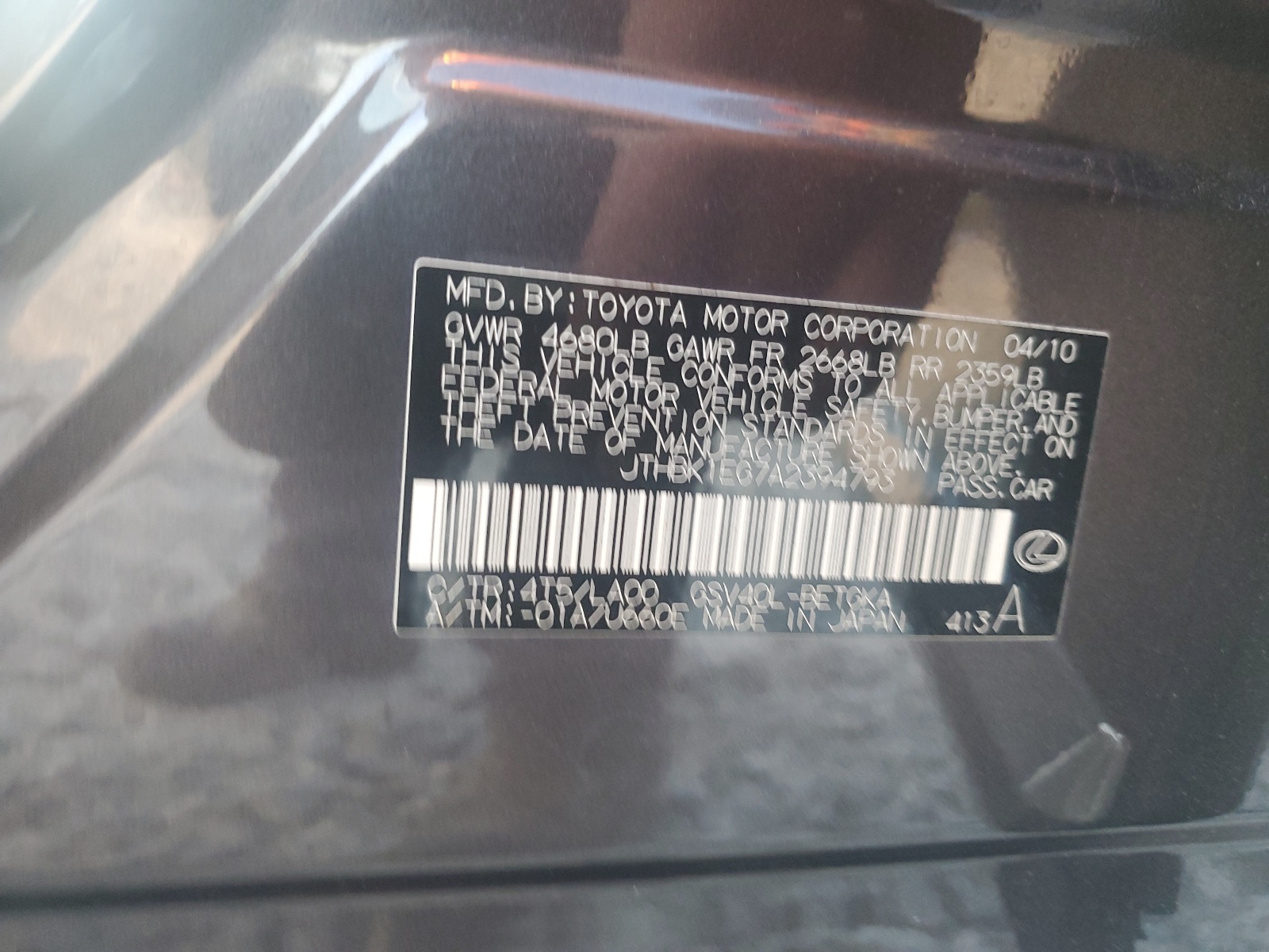 JTHBK1EG7A2394793 2010 Lexus Es 350