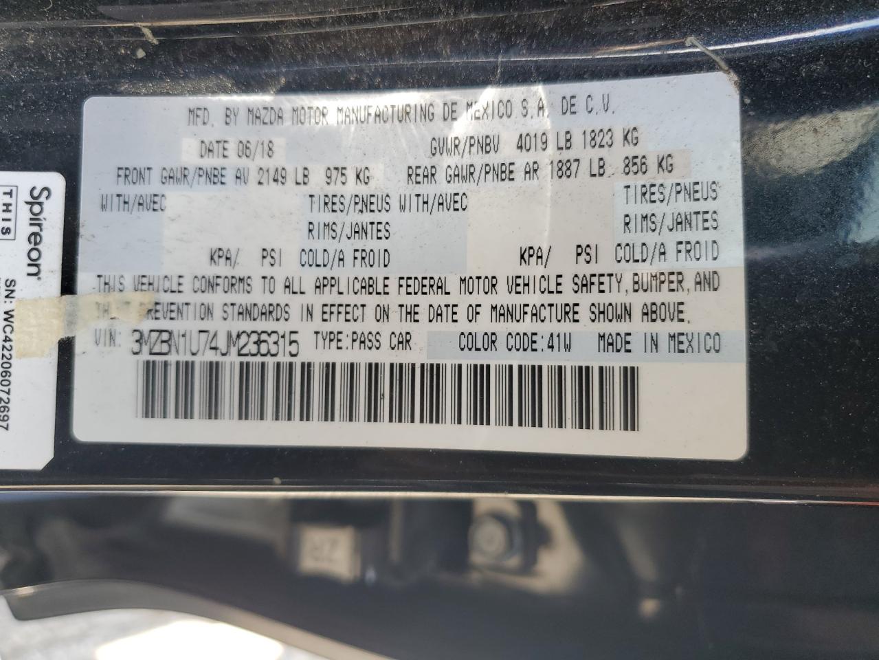 2018 Mazda 3 Sport VIN: 3MZBN1U74JM236315 Lot: 65579464