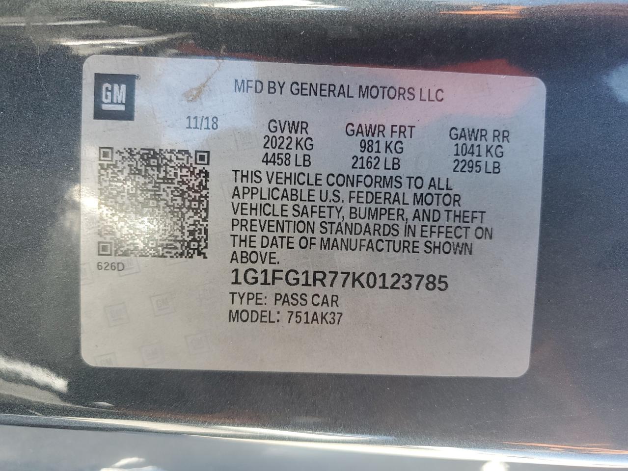 2019 Chevrolet Camaro Ss VIN: 1G1FG1R77K0123785 Lot: 68737934