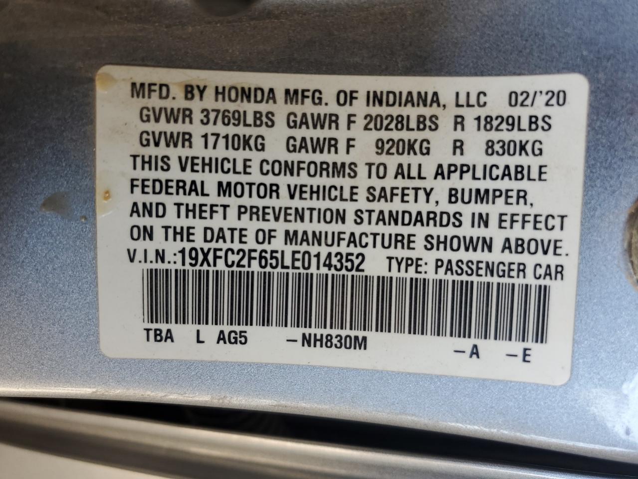 2020 Honda Civic Lx VIN: 19XFC2F65LE014352 Lot: 65434234