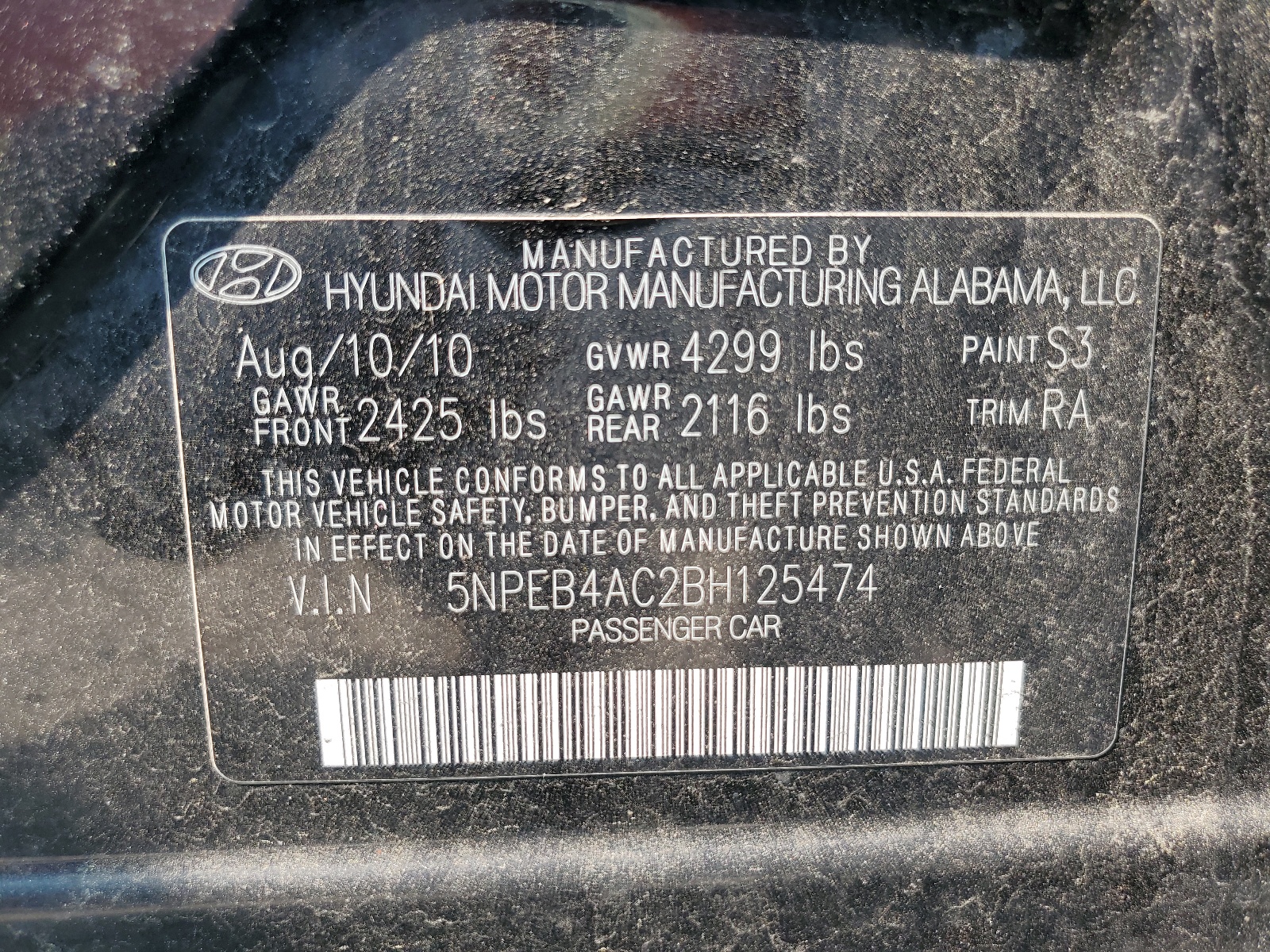 5NPEB4AC2BH125474 2011 Hyundai Sonata Gls