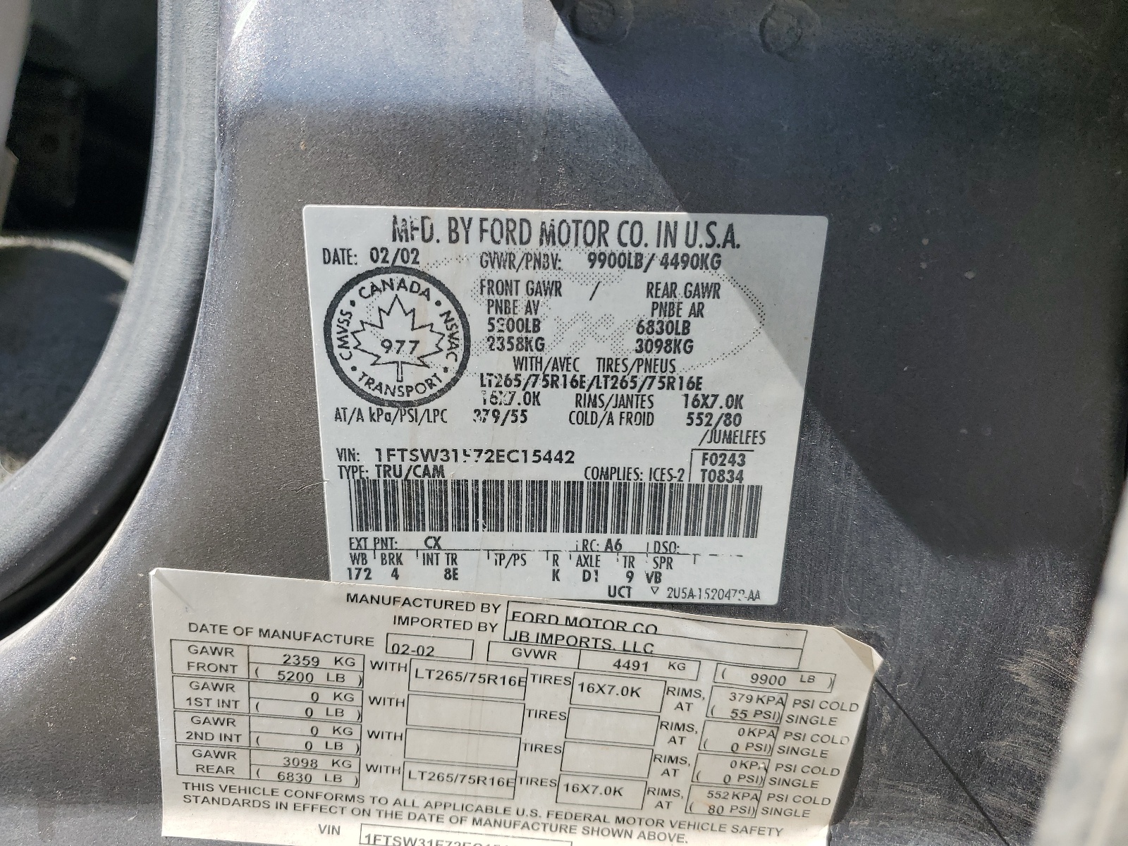 1FTSW31F72EC15442 2002 Ford F350 Srw Super Duty