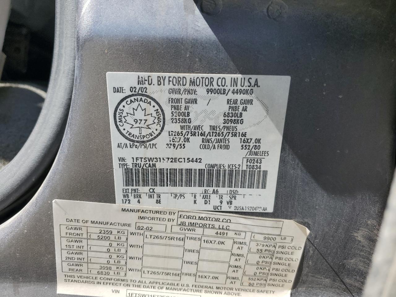 2002 Ford F350 Srw Super Duty VIN: 1FTSW31F72EC15442 Lot: 65538924