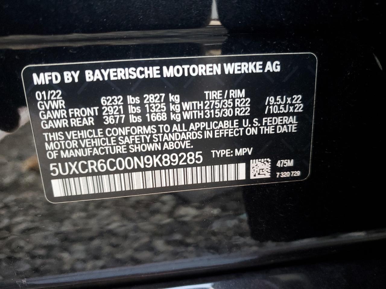 2022 BMW X5 xDrive40I VIN: 5UXCR6C00N9K89285 Lot: 65453744