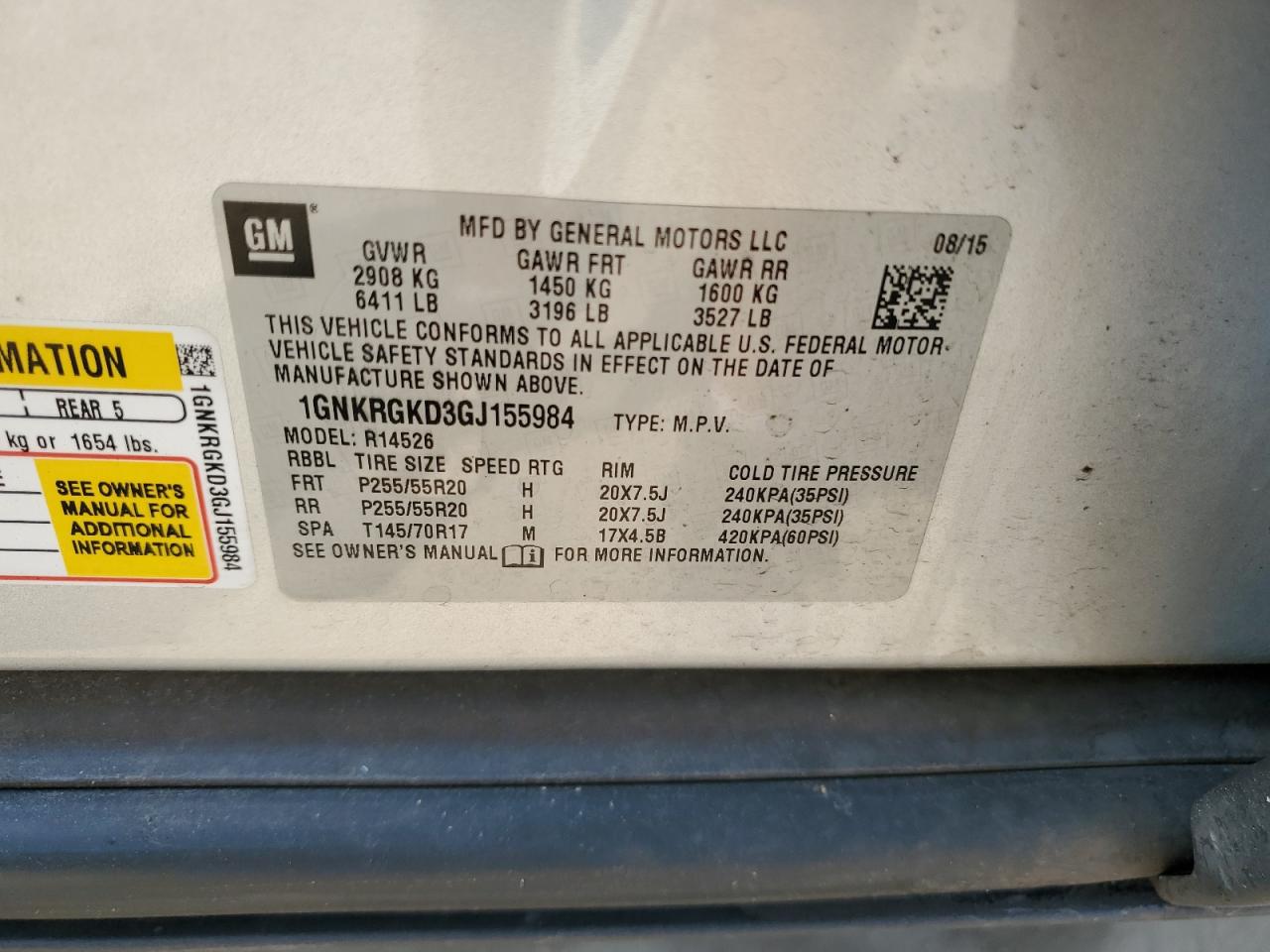 2016 Chevrolet Traverse Lt VIN: 1GNKRGKD3GJ155984 Lot: 67504914