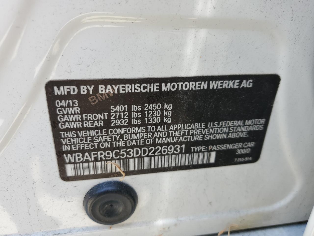 2011 BMW 550 I VIN: WBAFR9C53DD226931 Lot: 66894384