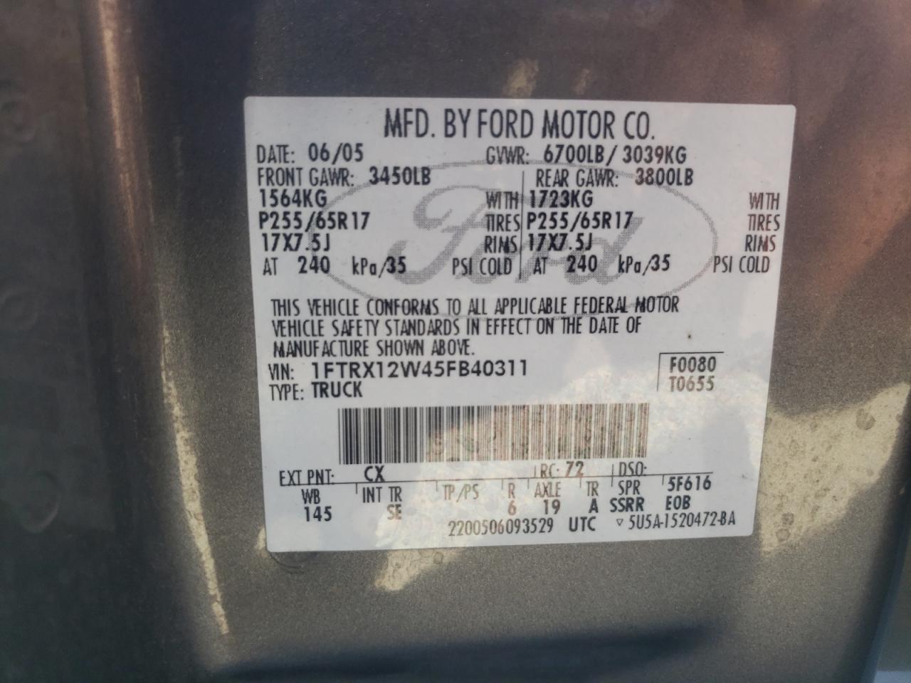 2005 Ford F150 VIN: 1FTRX12W45FB40311 Lot: 67787424