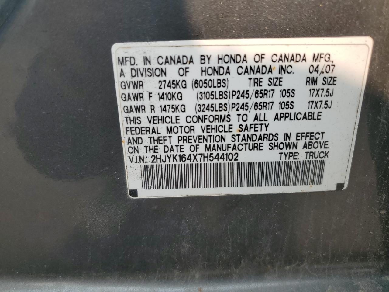 2007 Honda Ridgeline Rts VIN: 2HJYK164X7H544102 Lot: 71894685