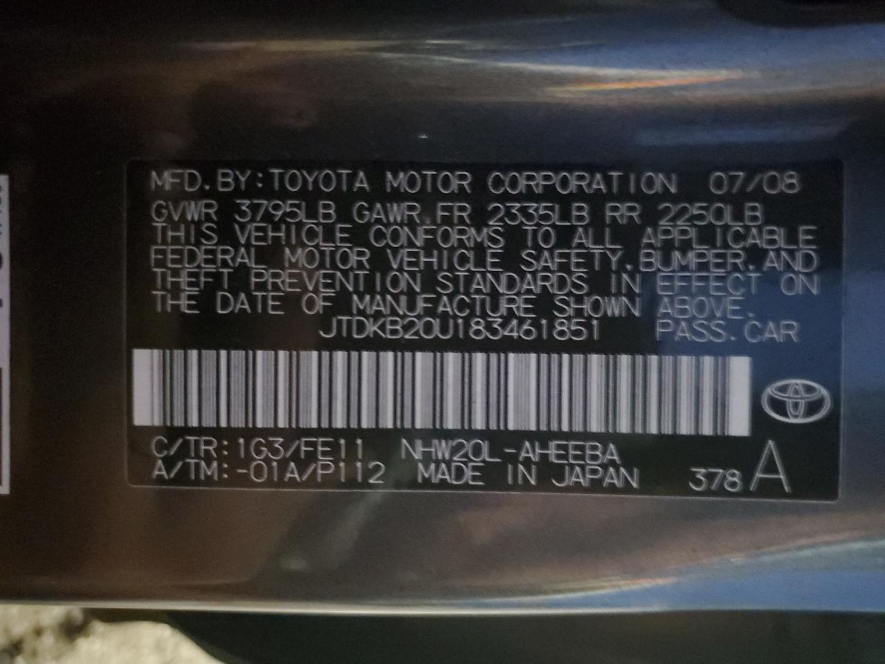 JTDKB20U183461851 2008 Toyota Prius