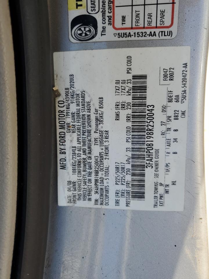 2008 Ford Fusion Sel VIN: 3FAHP08198R250043 Lot: 69829574