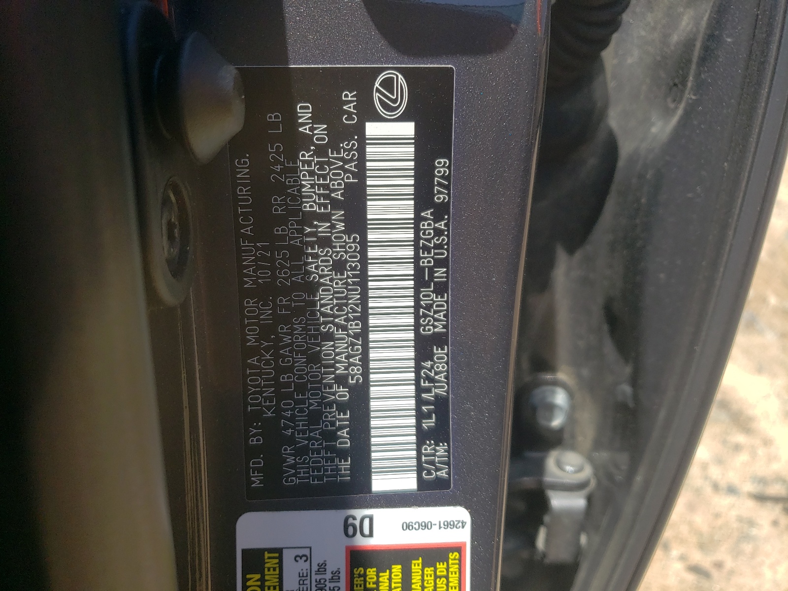 58AGZ1B12NU113095 2022 Lexus Es 350 Base