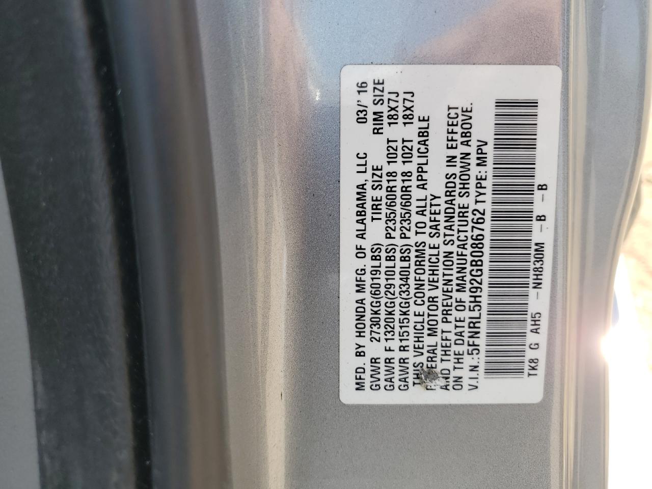 5FNRL5H92GB086762 2016 Honda Odyssey Touring