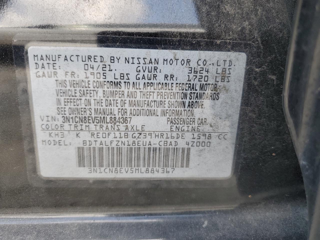 3N1CN8EV5ML884367 2021 Nissan Versa Sv