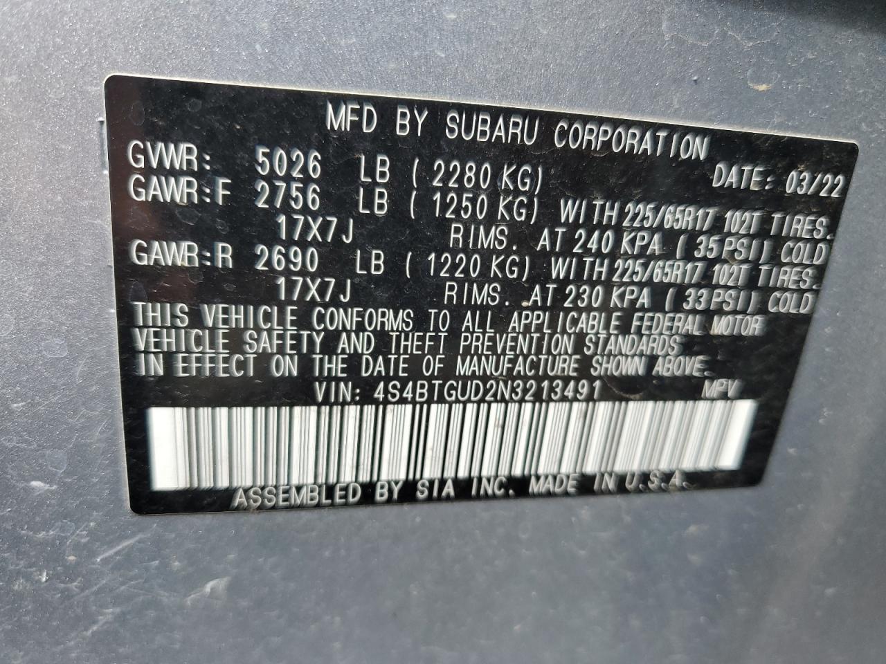 4S4BTGUD2N3213491 2022 Subaru Outback Wilderness