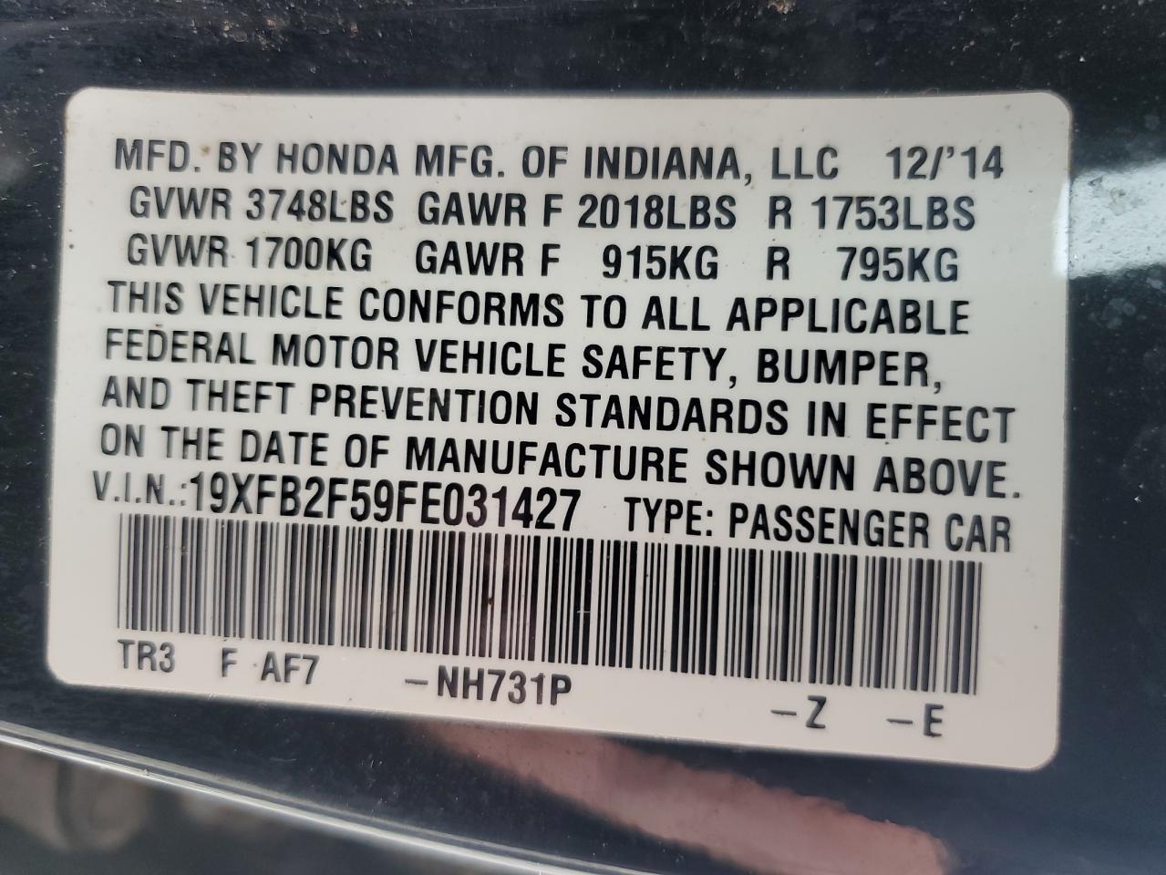 19XFB2F59FE031427 2015 Honda Civic Lx