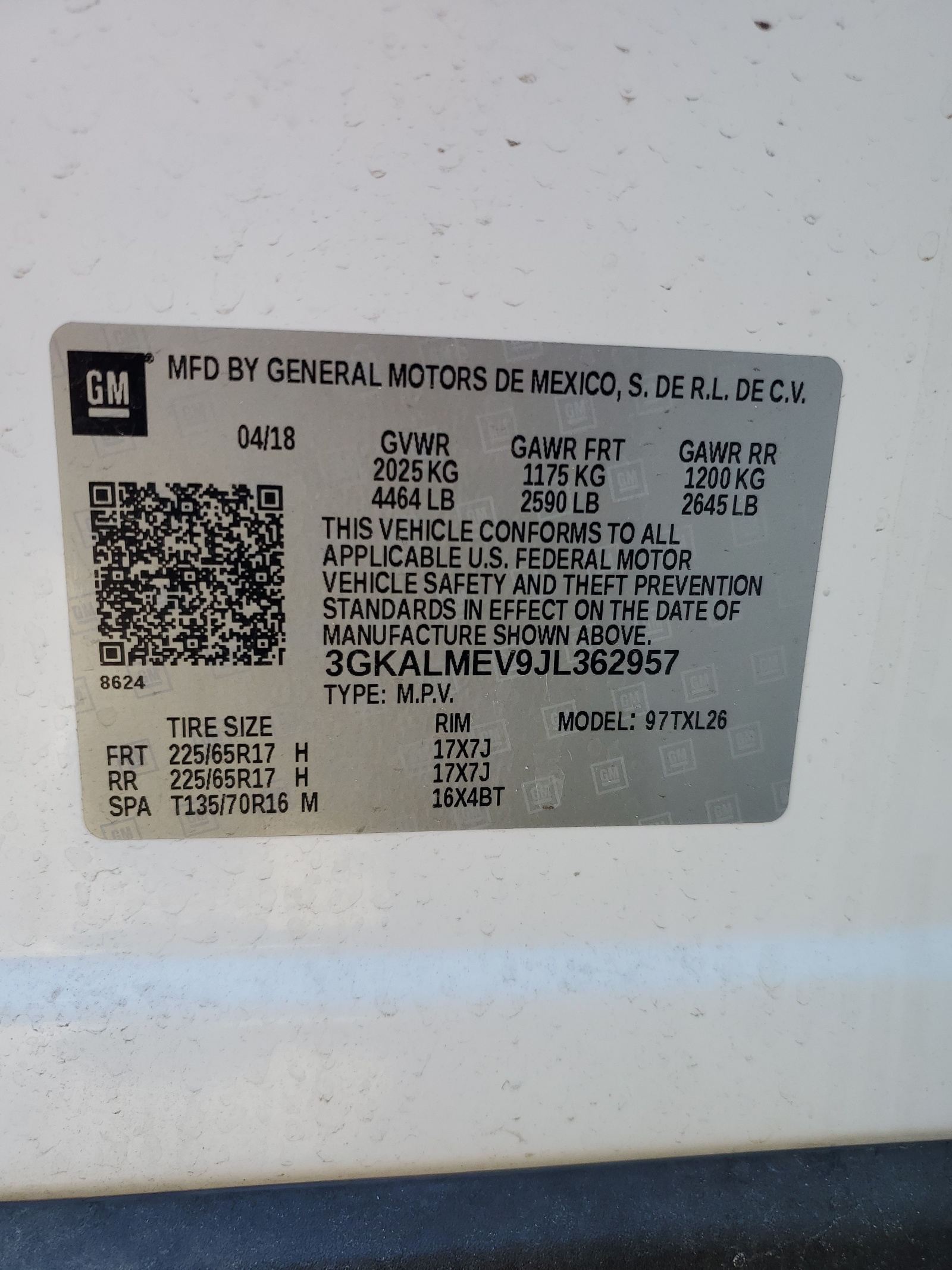 3GKALMEV9JL362957 2018 GMC Terrain Sle