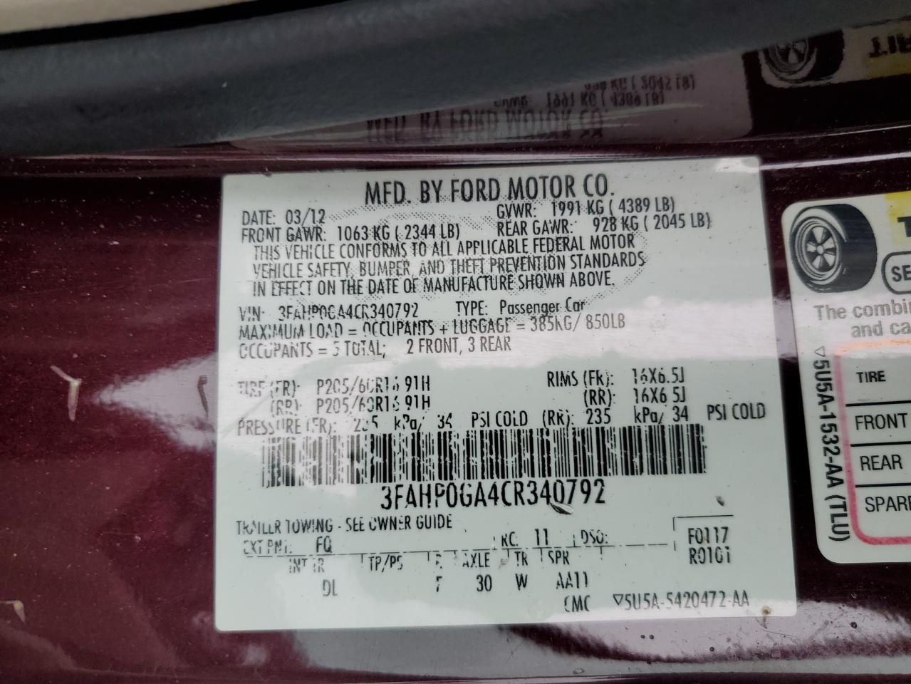 2012 Ford Fusion S VIN: 3FAHP0GA4CR340792 Lot: 66400764