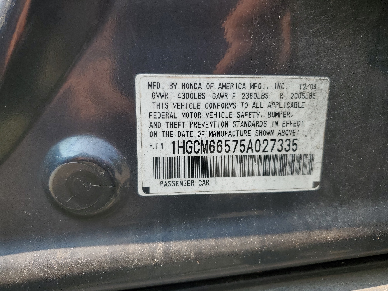 1HGCM66575A027335 2005 Honda Accord Ex
