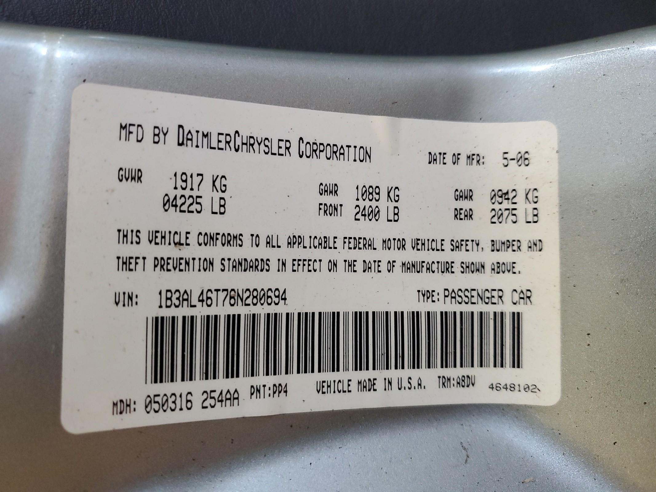 1B3AL46T76N280694 2006 Dodge Stratus Sxt