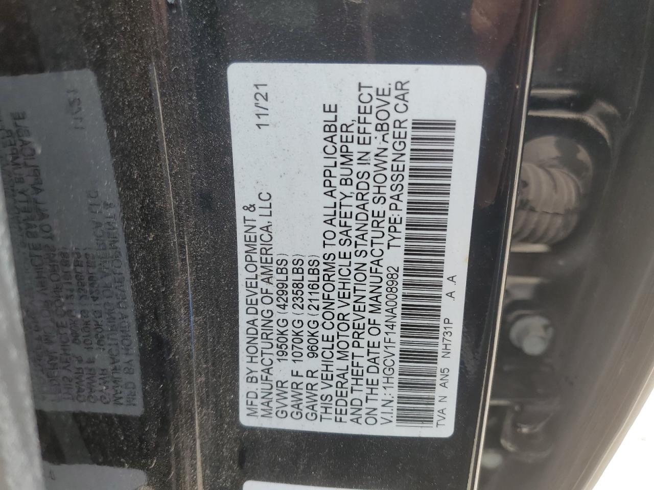 1HGCV1F14NA008982 2022 Honda Accord Lx