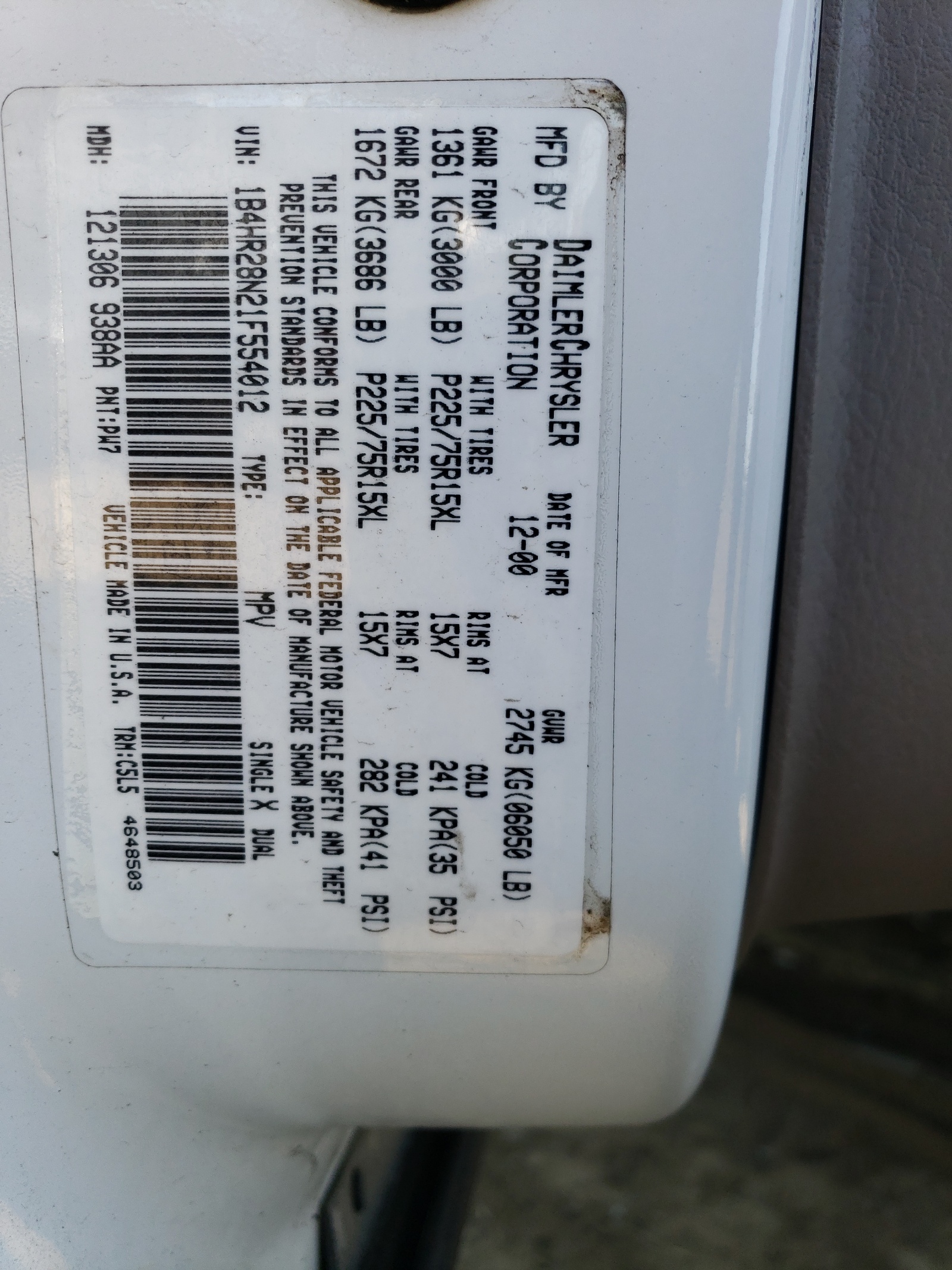 1B4HR28N21F554012 2001 Dodge Durango