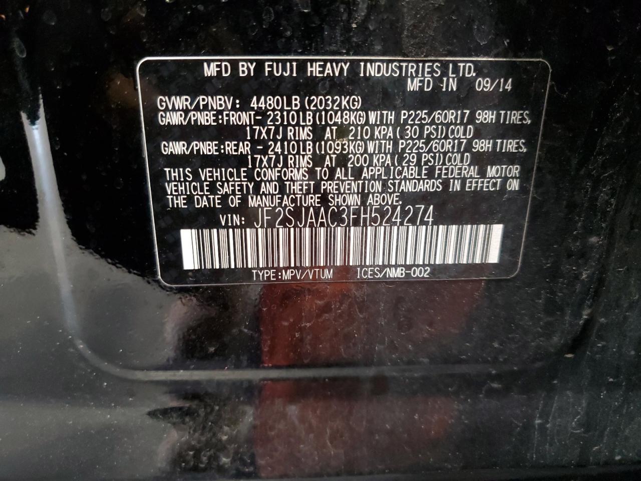 2015 Subaru Forester 2.5I VIN: JF2SJAAC3FH524274 Lot: 64657344