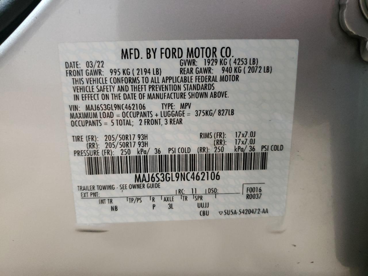 2022 Ford Ecosport Se VIN: MAJ6S3GL9NC462106 Lot: 67409104