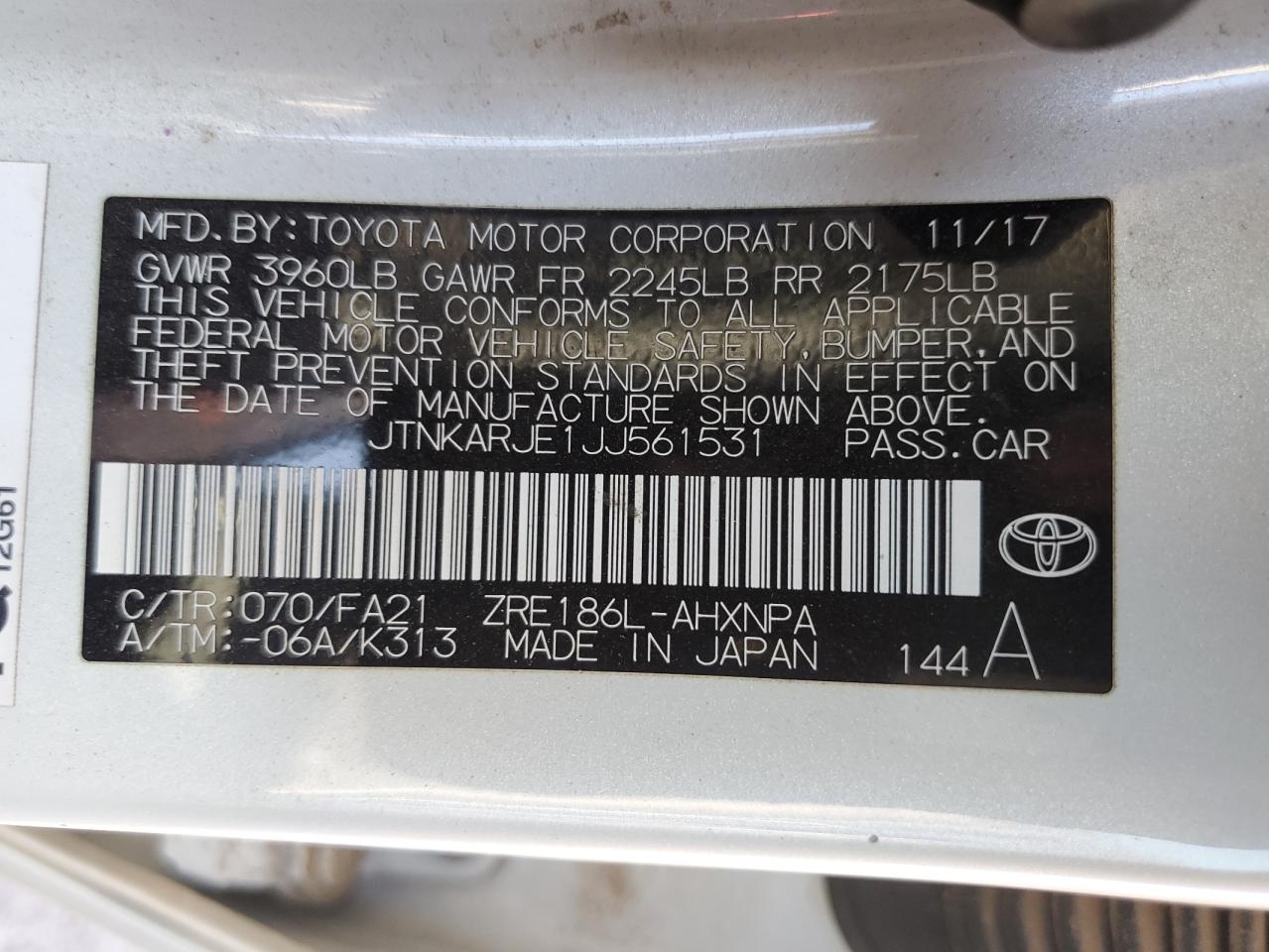 2018 Toyota Corolla Im VIN: JTNKARJE1JJ561531 Lot: 67841094