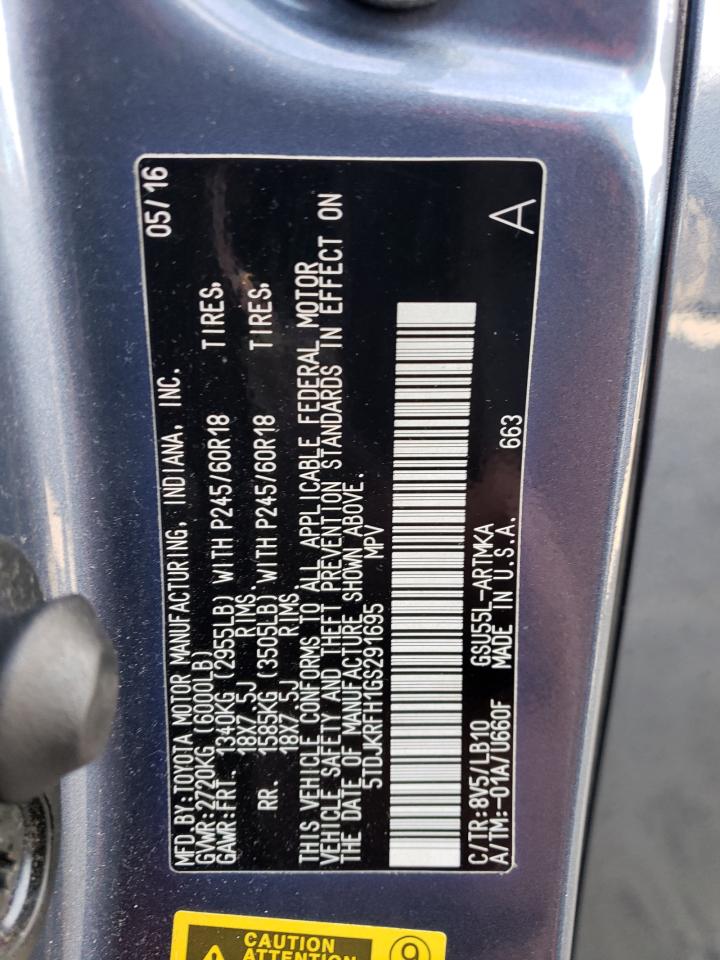 2016 Toyota Highlander Xle VIN: 5TDJKRFH1GS291695 Lot: 65977024