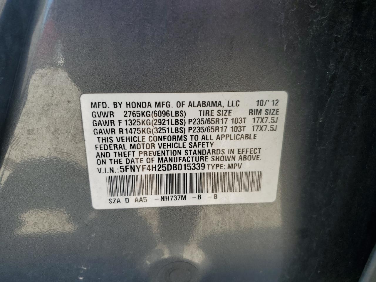 5FNYF4H25DB015339 2013 Honda Pilot Lx