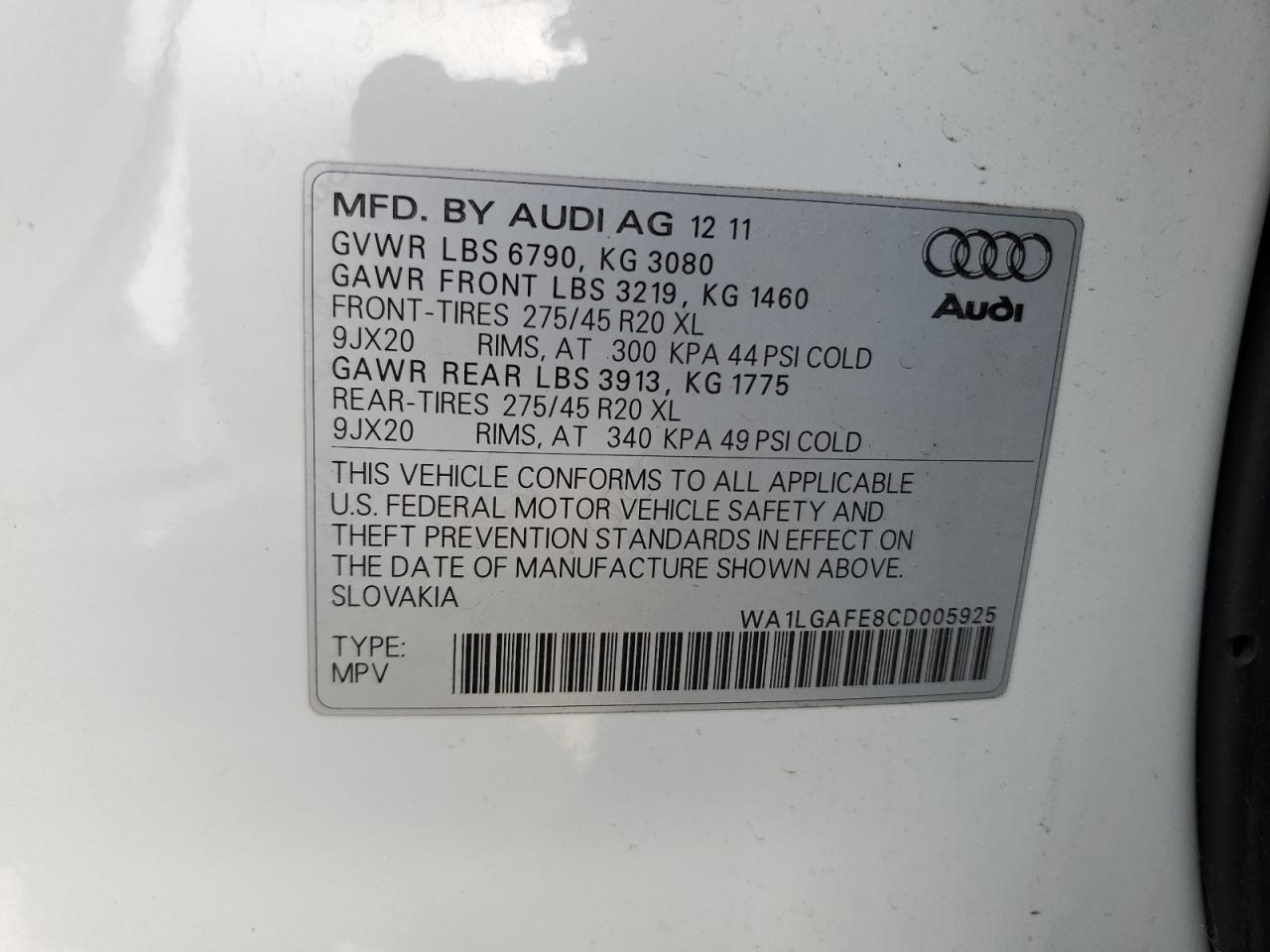 2012 Audi Q7 Premium Plus VIN: WA1LGAFE8CD005925 Lot: 65946554