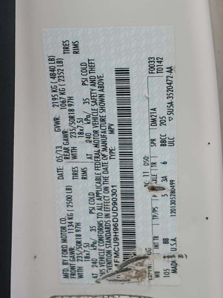 2013 Ford Escape Sel VIN: 1FMCU9H96DUD90301 Lot: 65402604