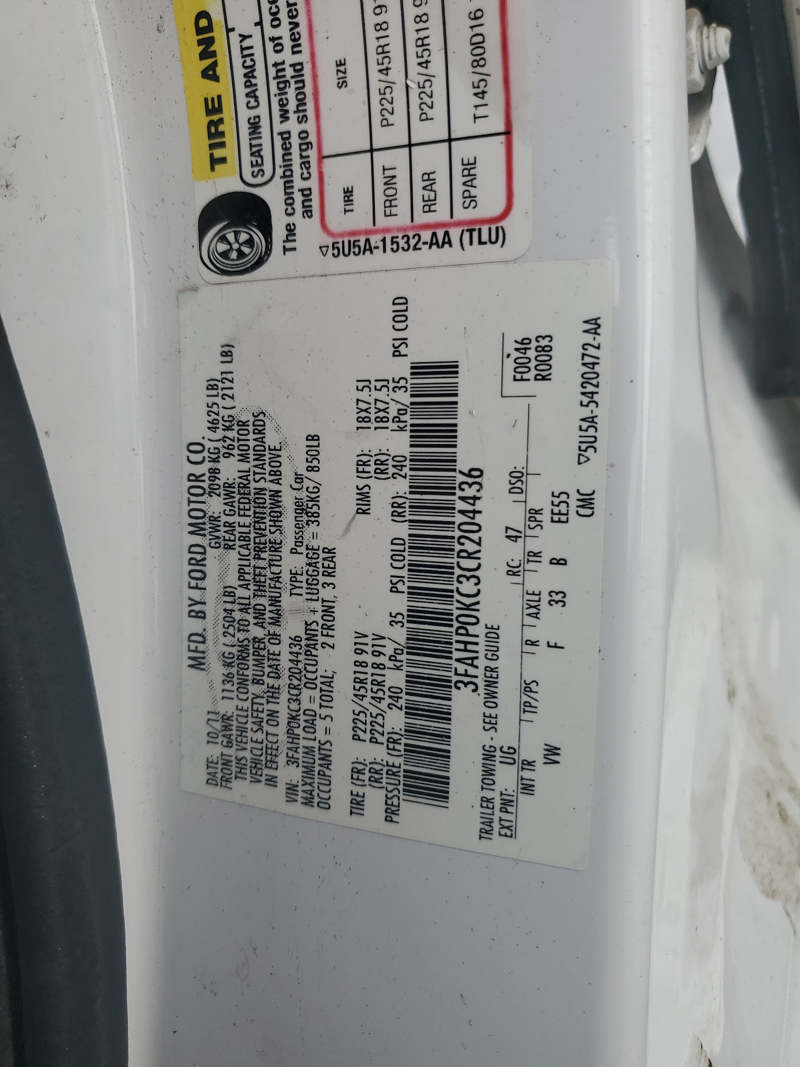 3FAHP0KC3CR204436 2012 Ford Fusion Sport