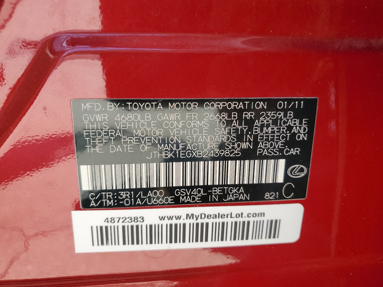 JTHBK1EGXB2439825 2011 Lexus Es 350