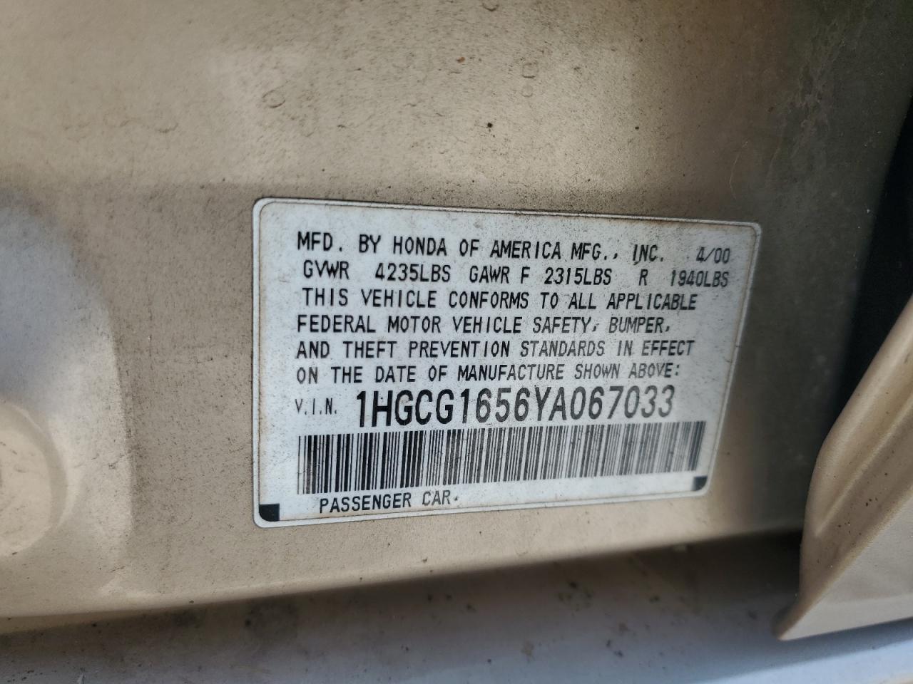 2000 Honda Accord Ex VIN: 1HGCG1656YA067033 Lot: 66235934