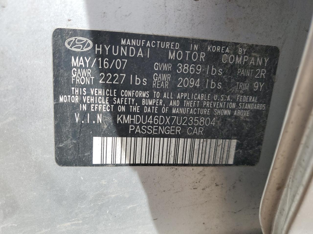 2007 Hyundai Elantra Gls VIN: KMHDU46DX7U235804 Lot: 68330924