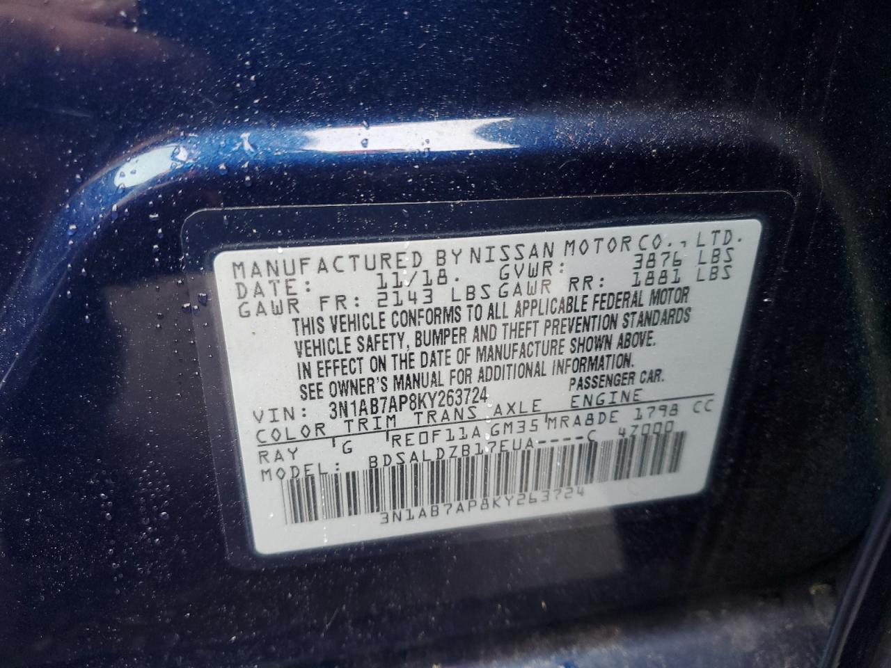 3N1AB7AP8KY263724 2019 Nissan Sentra S