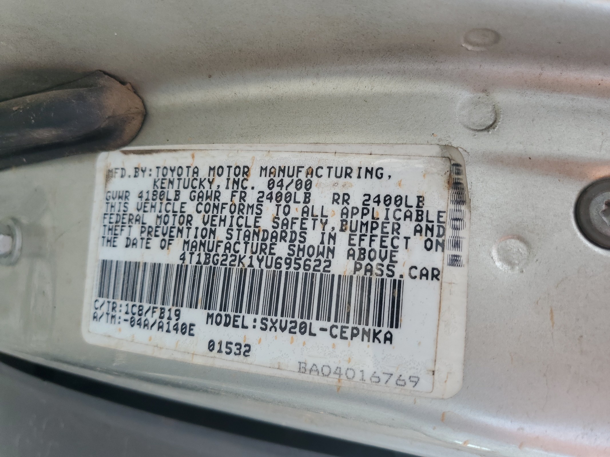 4T1BG22K1YU695622 2000 Toyota Camry Ce 4T1BG22K1YU695622 2000 Toyota Camry Ce