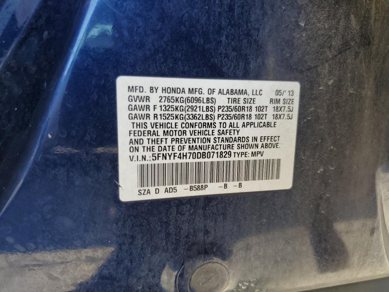 2013 Honda Pilot Exln VIN: 5FNYF4H70DB071829 Lot: 66381204